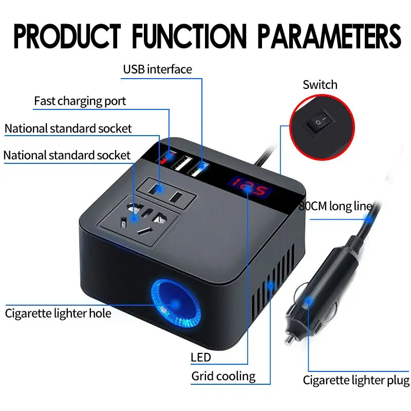 QuickCharge - 150W Car Power Inverter LED Display Fast Charger